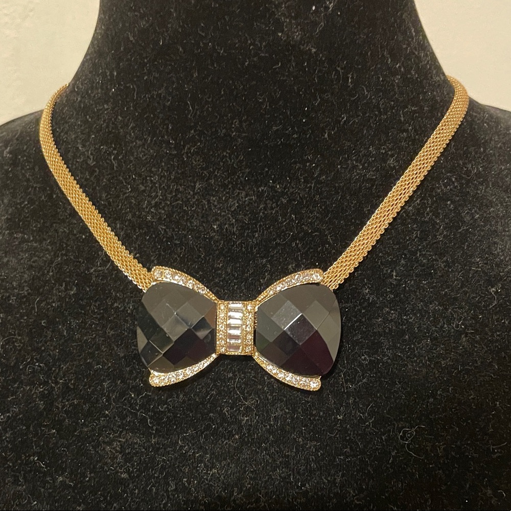 Charming Charlie Black & White Rhinestone Bow Tie Statement Necklace 16”-19”